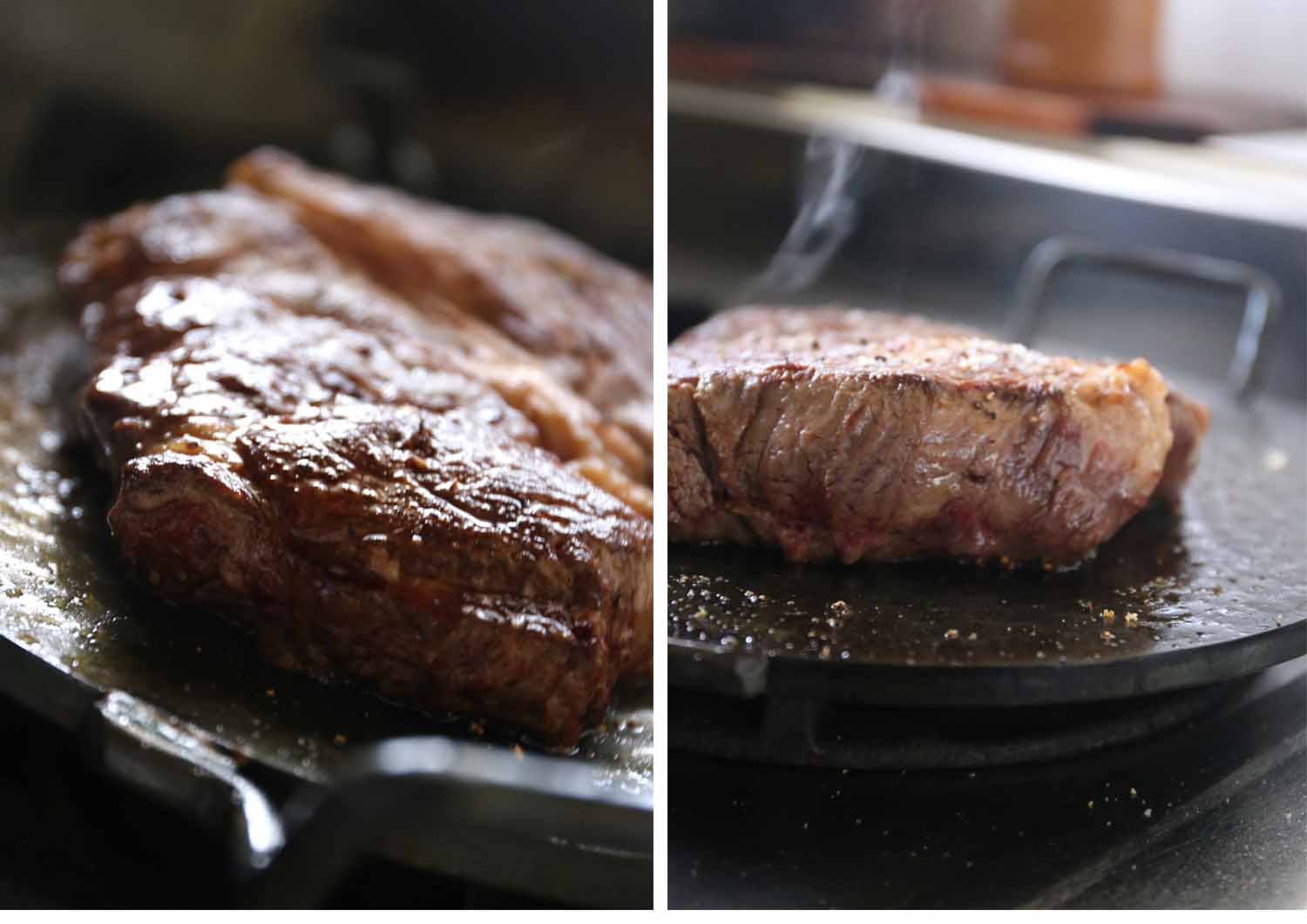 一角フライパンでステーキを焼いているアップ写真4