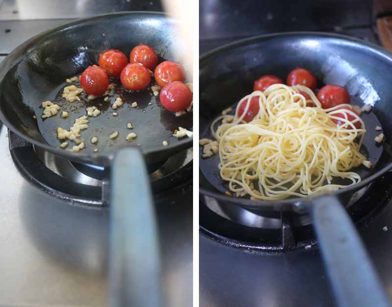 紫蘇の香り増し増しのしらすとプチトマトのパスタ調理