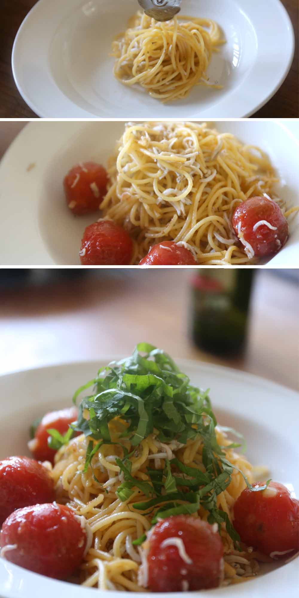 紫蘇の香り増し増しのしらすとプチトマトのパスタ出来上がり